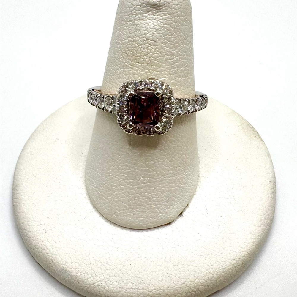 14k Two Tone White and Rose Gold Halo Style Purple Diamond Engagement Ring - Picture 2 of 5